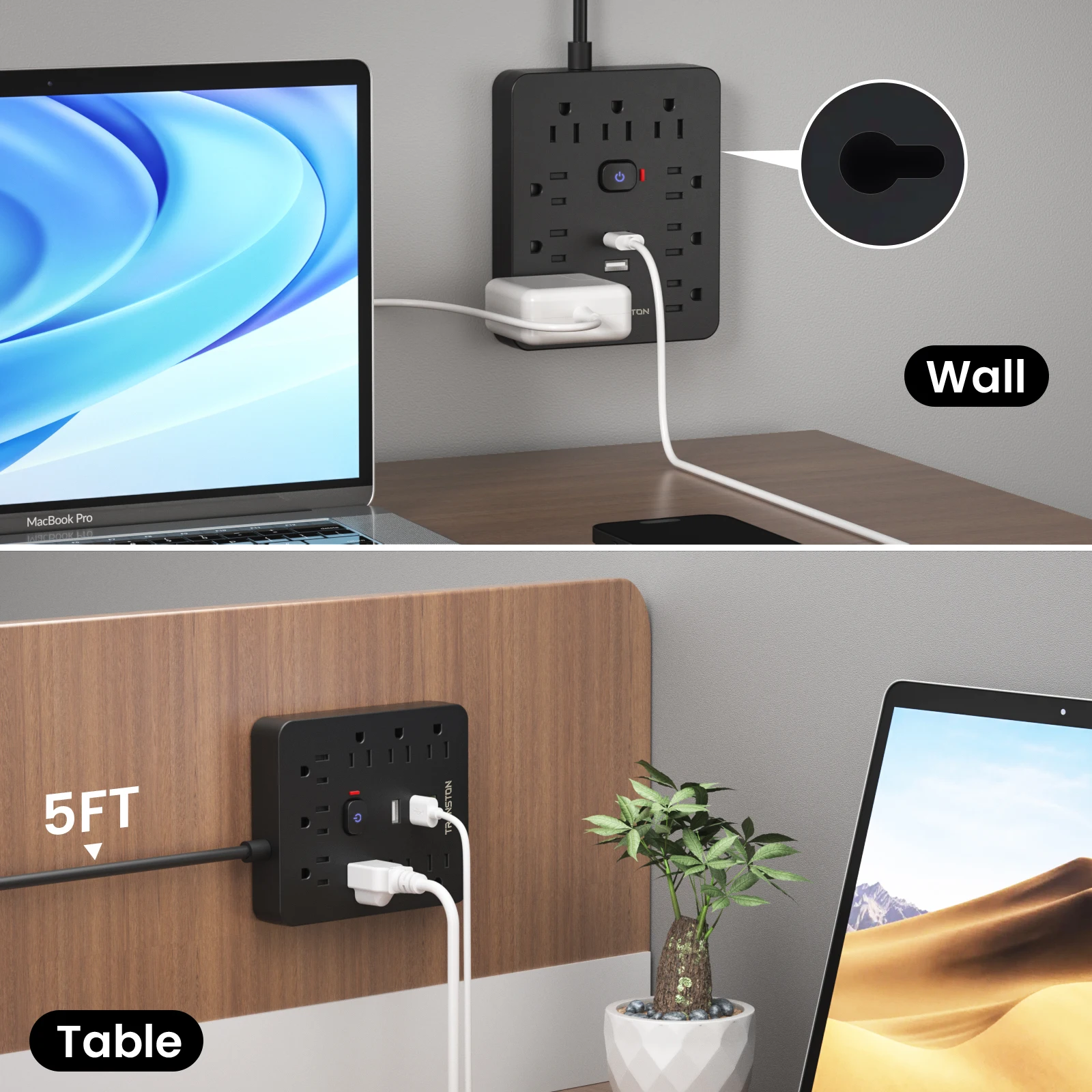 مخرج طاقة بشريط طاقة بطول 5 أقدام مع واقي من زيادة التيار المتردد، 9 تيار متردد، 3 منافذ USB، سلك تمديد، شحن سريع، للمنزل والمكتب