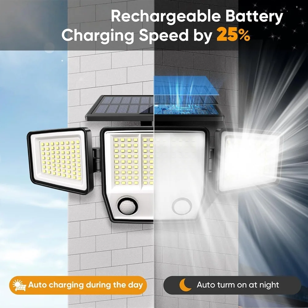 Solar Lights Outdoor 236 LED Motion Sensor Outdoor Light 3Heads IP65 Waterproof Solar Flood Security Lights for Garden Yard Path