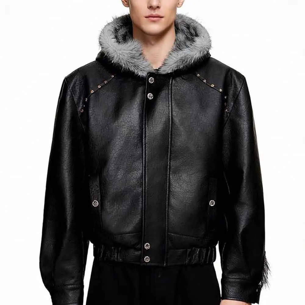 

2025 зимняя новая мужская кожаная куртка с длинными рукавами и капюшоном, американский ретро-модный модный уличный повседневный свободный нишевый мужской топ