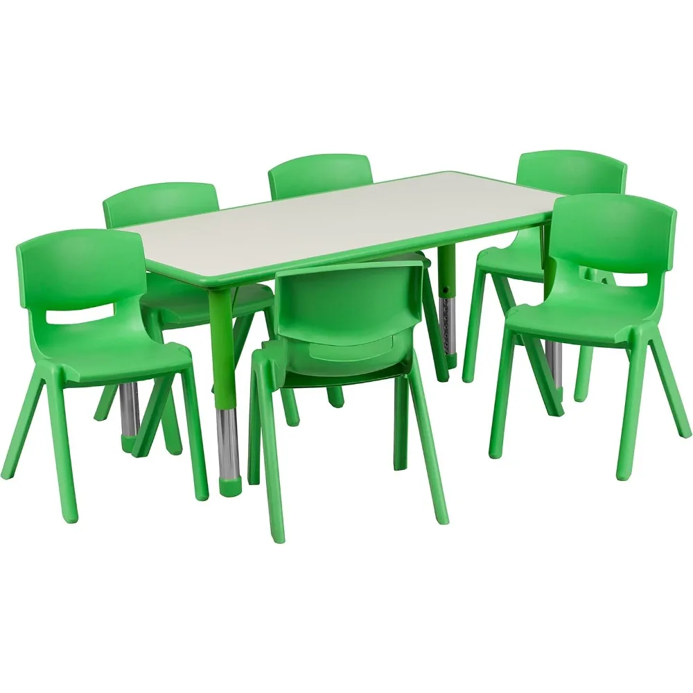 Mesa de actividades ajustable para el aula con 6 sillas apilables, mesa de actividades rectangular de plástico para niños