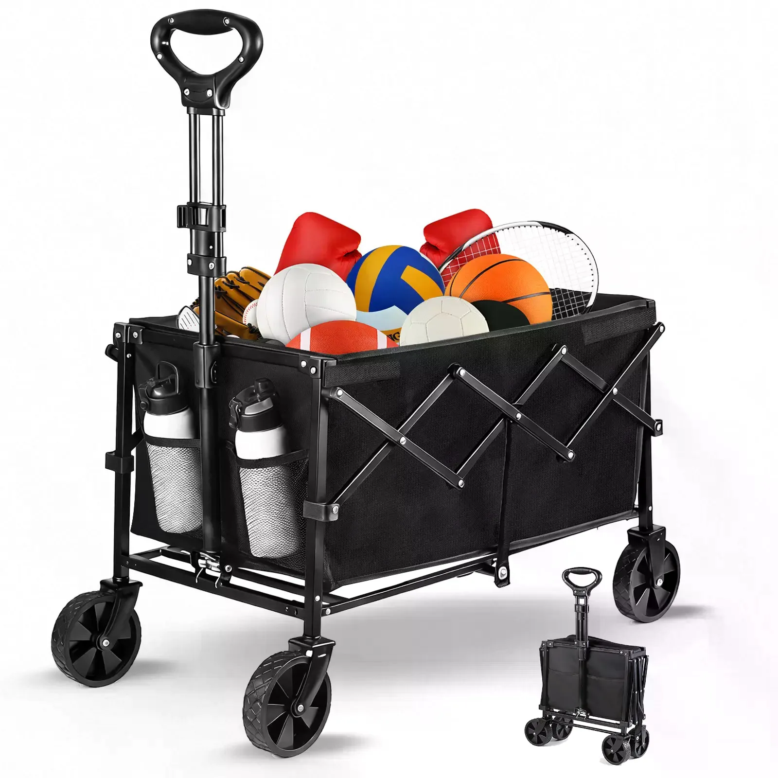 Heavy-Duty Compact Folding Wagon Cart with Wheels - 250lbs Load, Metal Frame, Wear-Proof Wheels, Washable 600D Fabric, Collapsible Design for Garden, Camping Use