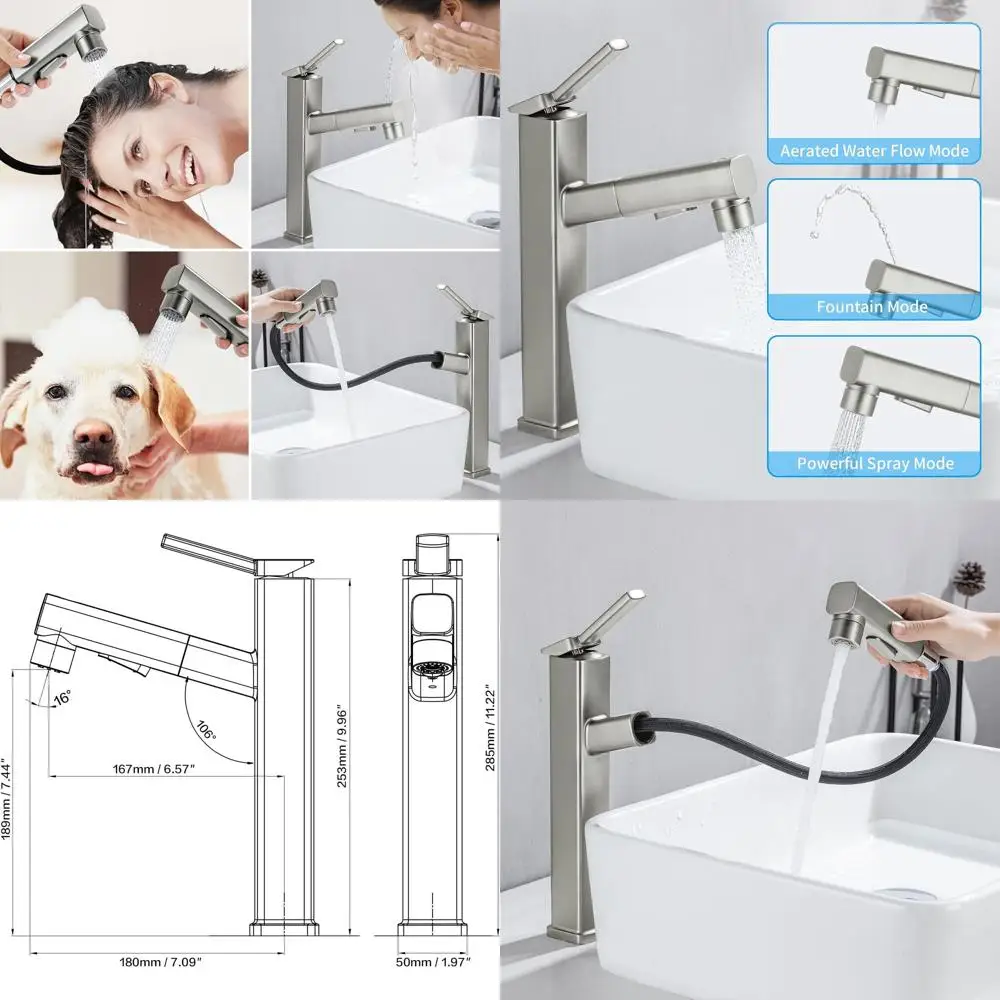 

Single Hole Pull-Out Faucet with Rotating Spout and Single Handle for Bathroom Sink, Including Pull-Down Sprayer, 3-Hole Vanity