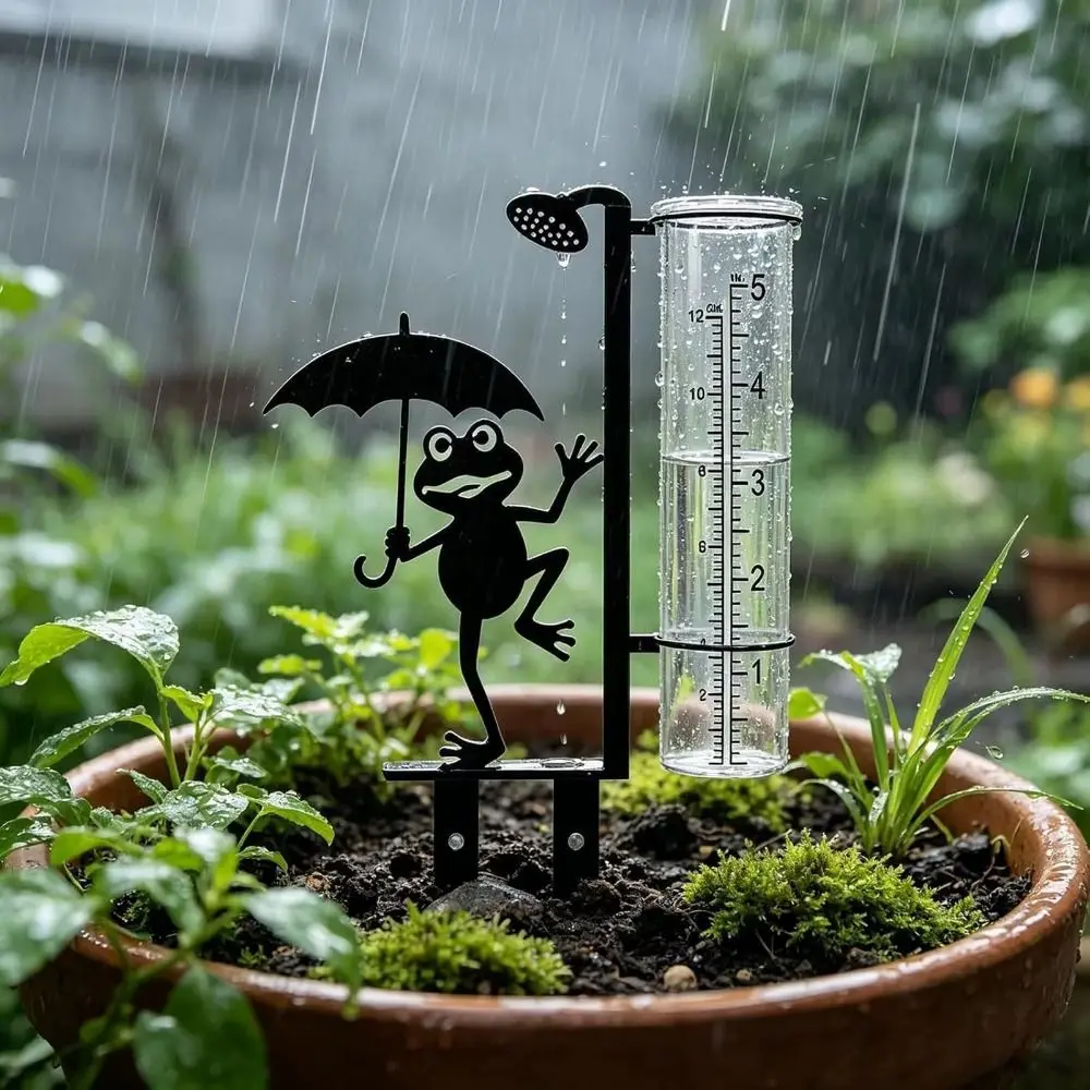 Iron Art Metal Frog Rain Gauge Stake Rustproof Removable Garden Stake Rain Water Collector Weatherproof with Scale