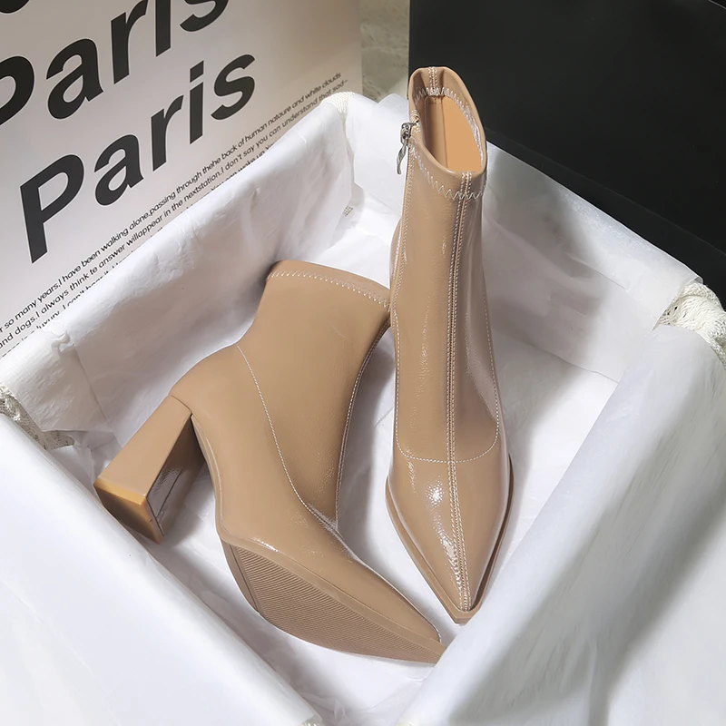 الشتاء براءات الاختراع والجلود النساء حذاء من الجلد موضة أشار تو الجوارب القصيرة ساحة عالية الكعب أحذية الحفلات مضخات #4