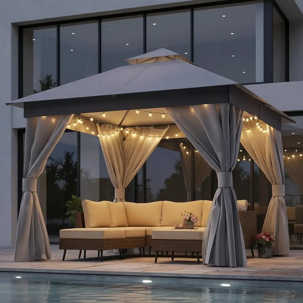 

Уличная беседка 3х3 м с двойной крышей, москитной сеткой и зоной для уединения для вечеринок на заднем дворе и садовых мероприятий (серая)