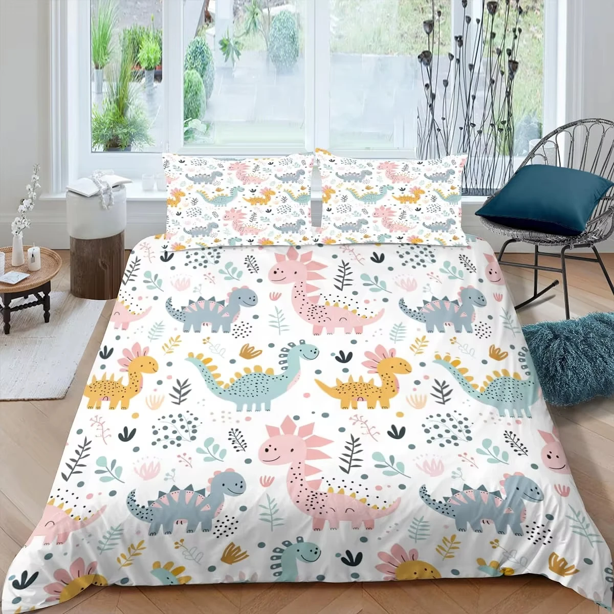 Cartoon Single Twin Queen King Bedding Set,Cute Cartoon Dinosaur Duvet Cover for Boys Teen Lovely Animal World Comforter Cover
