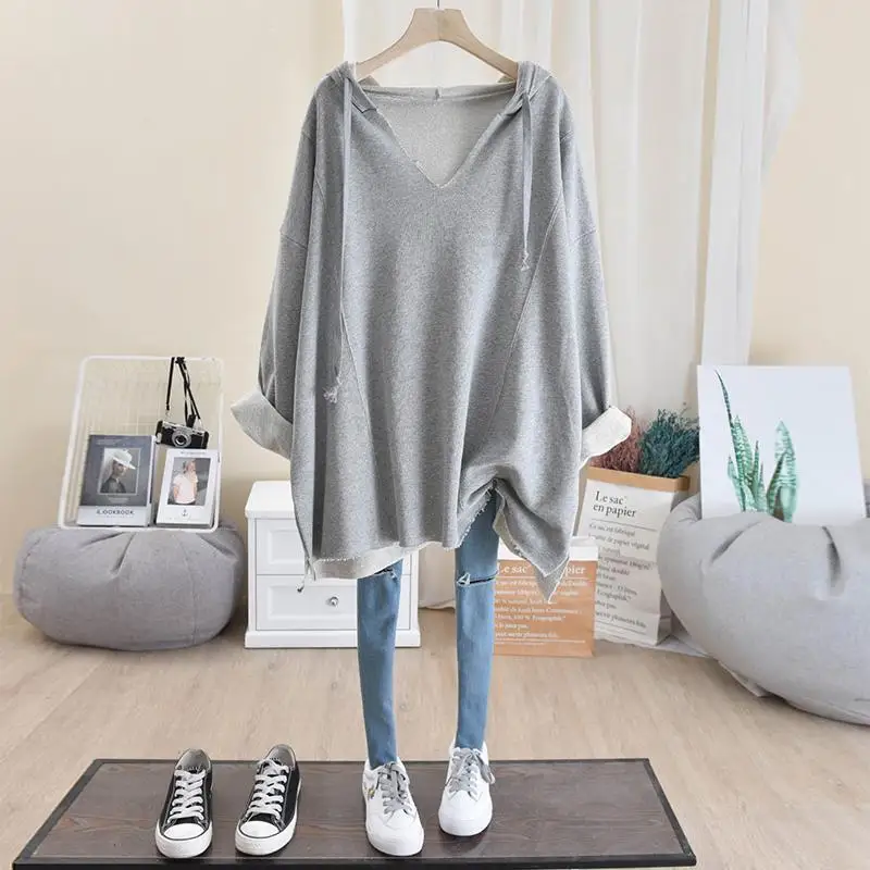 Oversize Spring Female Clothing V-neck Drawstring Solid Color Long Sleeve Pullovers Ladies Korean Style Casual Long Sweatshirts