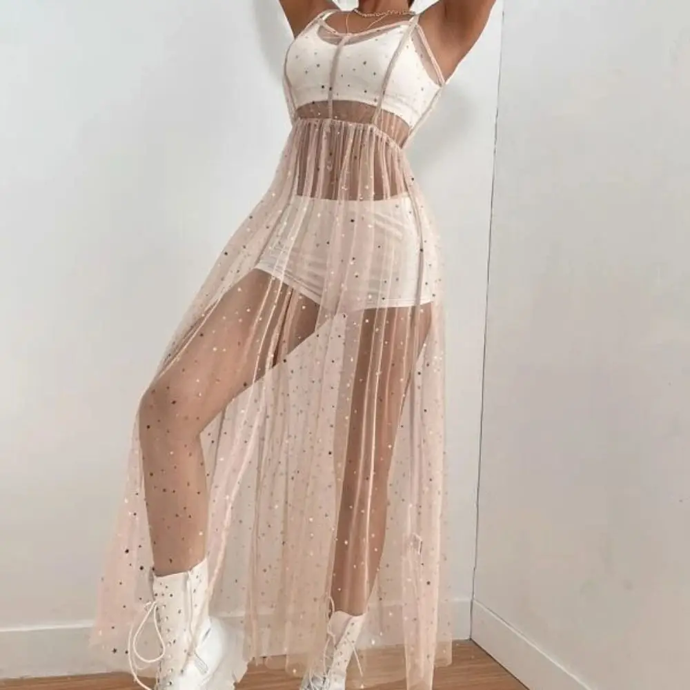 Charming Bling Bling Dress Summer Tulle Dress Spaghetti Straps Mesh Patchwork Women Cover Up Lace Ins V-Neck Sling Dress Summer