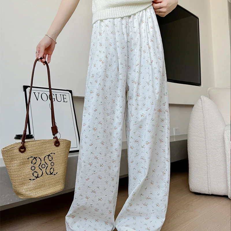 한국어 꽃 패턴 흰색 긴 바지 여성 탄성 높은 허리 바지 여성 봄 가을 느슨한 넓은 다리 바지 mujer