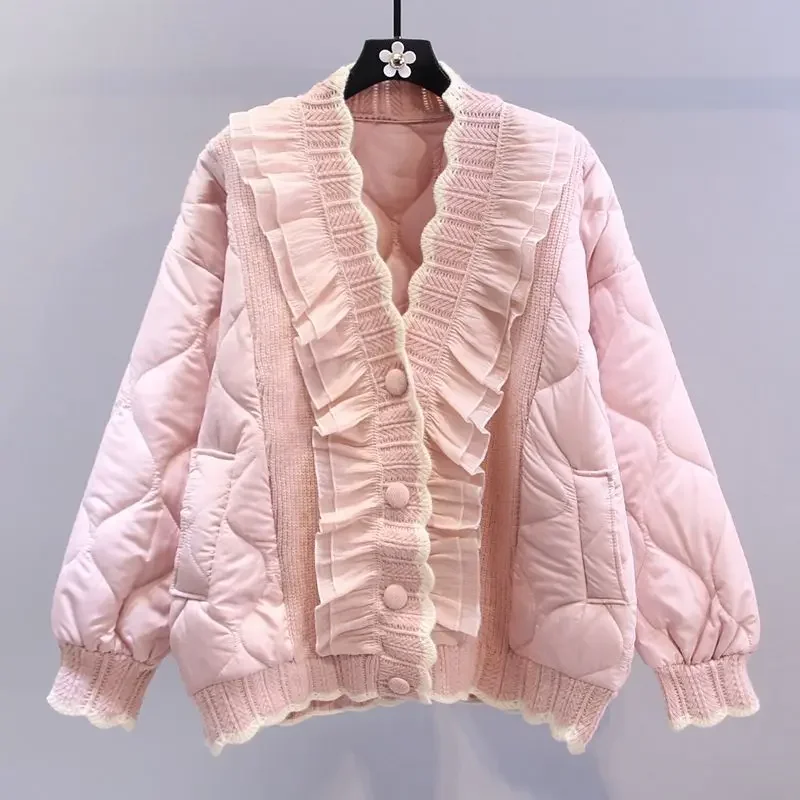 

QNPQYX Fashion Chic Sweet Pink Women Knitted Patchwork Autumn Winter Cardigans Jacket Coats Female Cotton Padded Tops