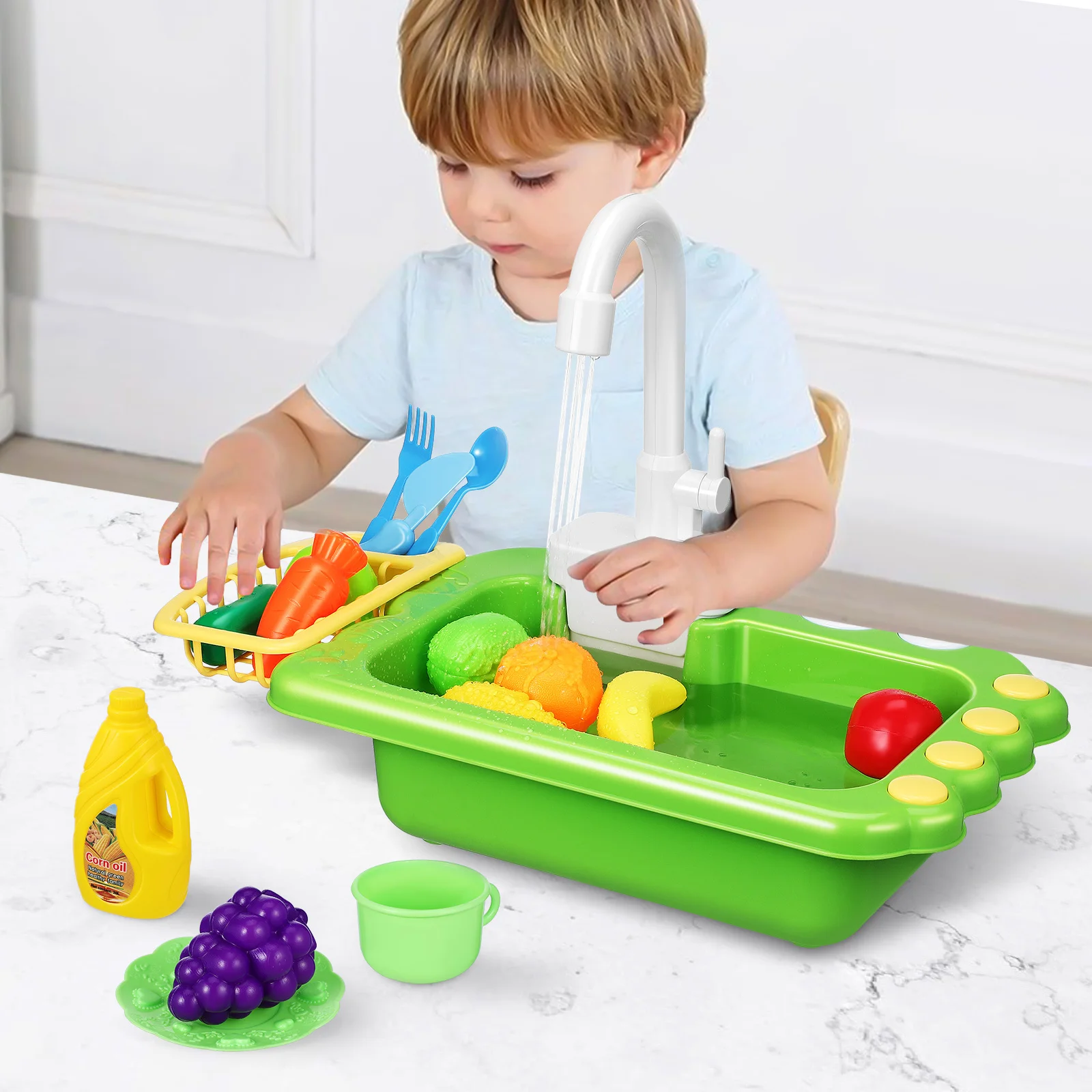مجموعة واحدة من حوض المطبخ للأطفال مع مياه الجري للأطفال الصغار، محطة غسيل حوض العمل الواقعية، لعبة التظاهر على طاولة المياه التعليمية