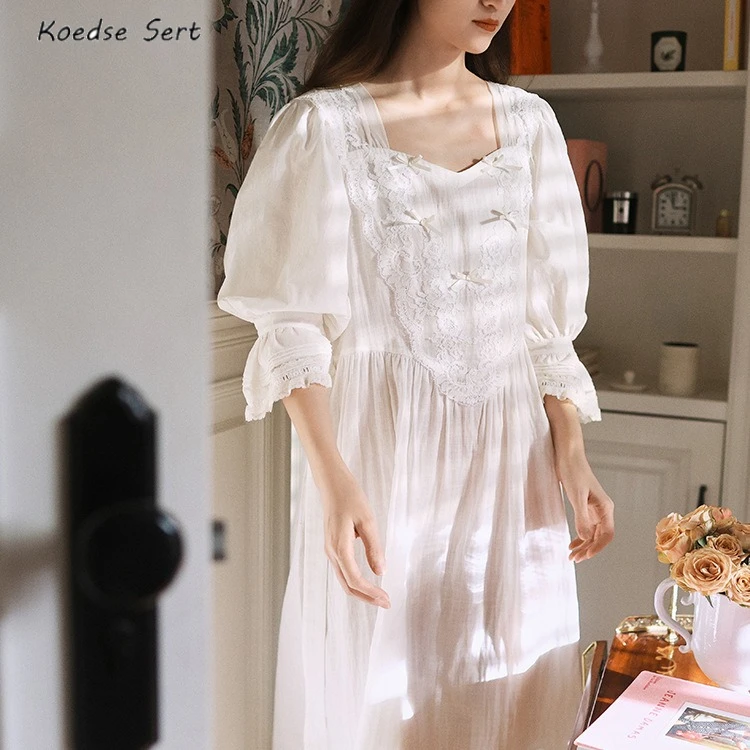 

Fairy Style French Retro Girl Nightgown Sweet Princess Pajamas Women Long White Nightdress Morning Gown Pajamas