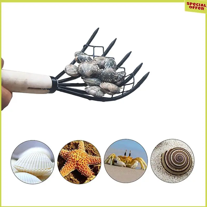 A34R Small Nail Rake With Net Bag Small Rake Shell Digging Tool Sea Catching Small Wooden Rake Wooden Handle Rake Small Rake