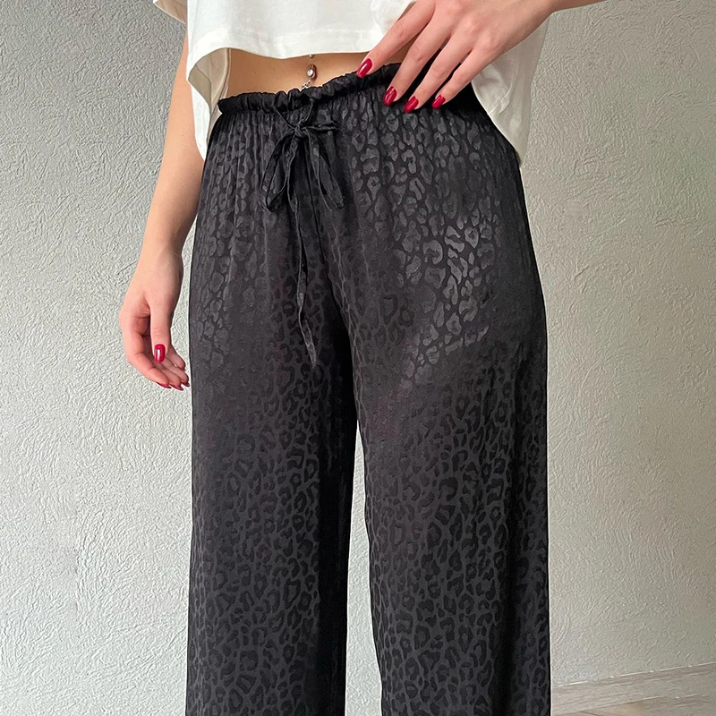 Summer Black Pants Women Fashion Lace-up Loose Trousers Ice Silk Casual Leopard Print Retro High Waist Straight Pants Streetwear