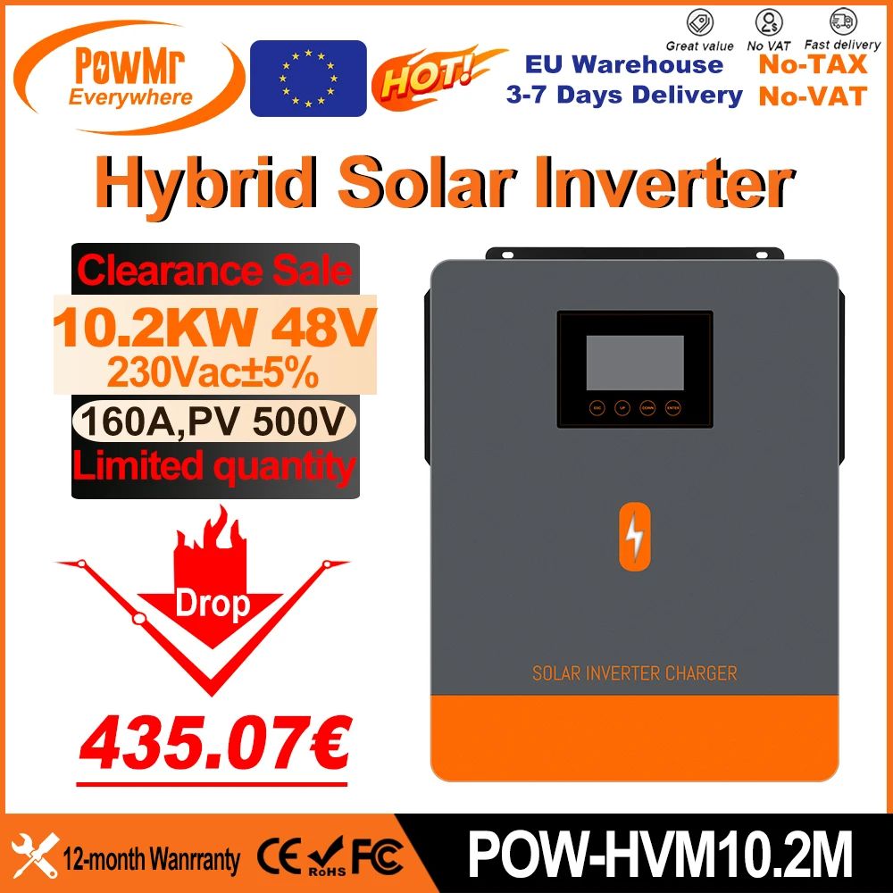 Onduleurs solaires hybrides PowMr 10,2 kW 48 V 230 V CA hors réseau à onde sinusoïdale pure avec double MPPT 160 A pour panneaux solaires 500 V et batterie LiFePO4