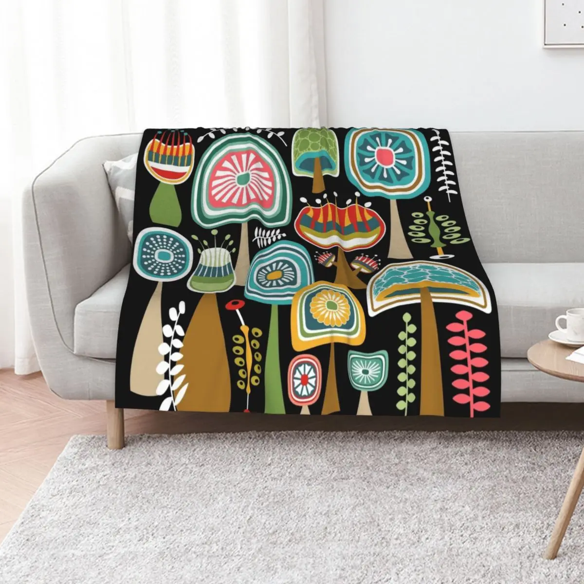 Colorful Mid Century Modern Mushrooms // Large Scale Throw Blanket Multi-Purpose warm for winter Decoratives Custom Blankets