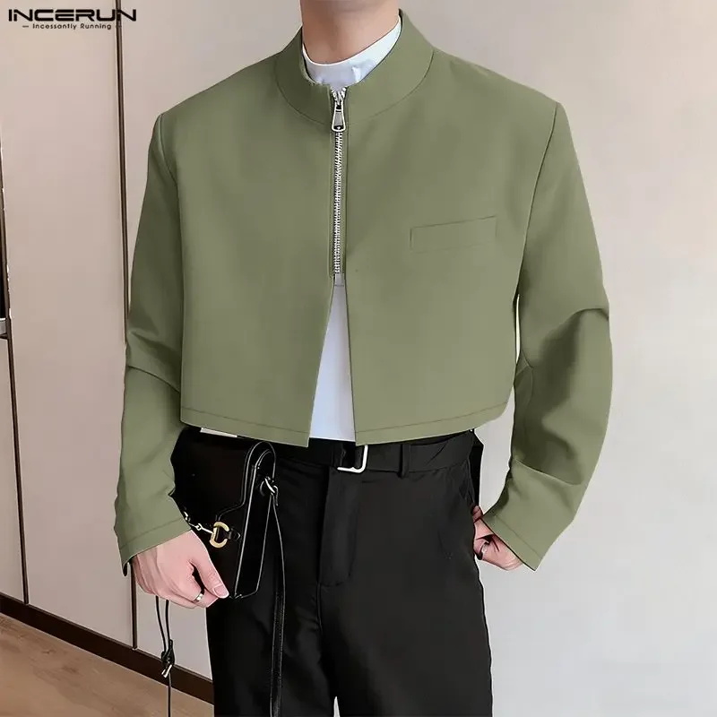 

Мужской блейзер INCERUN с воротником-стойкой, длинными рукавами и молнией, повседневный укороченный пиджак, мужская уличная одежда, модный тонкий блейзер весна 2026, мужской костюм