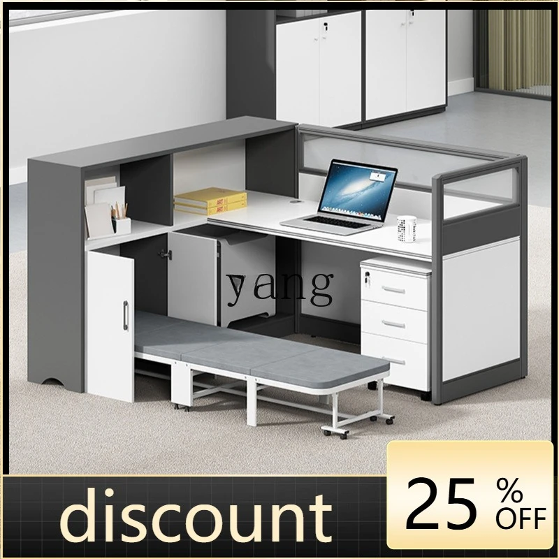 LMM staff with lunch break bed computer desk finance room screen work space partition card seat