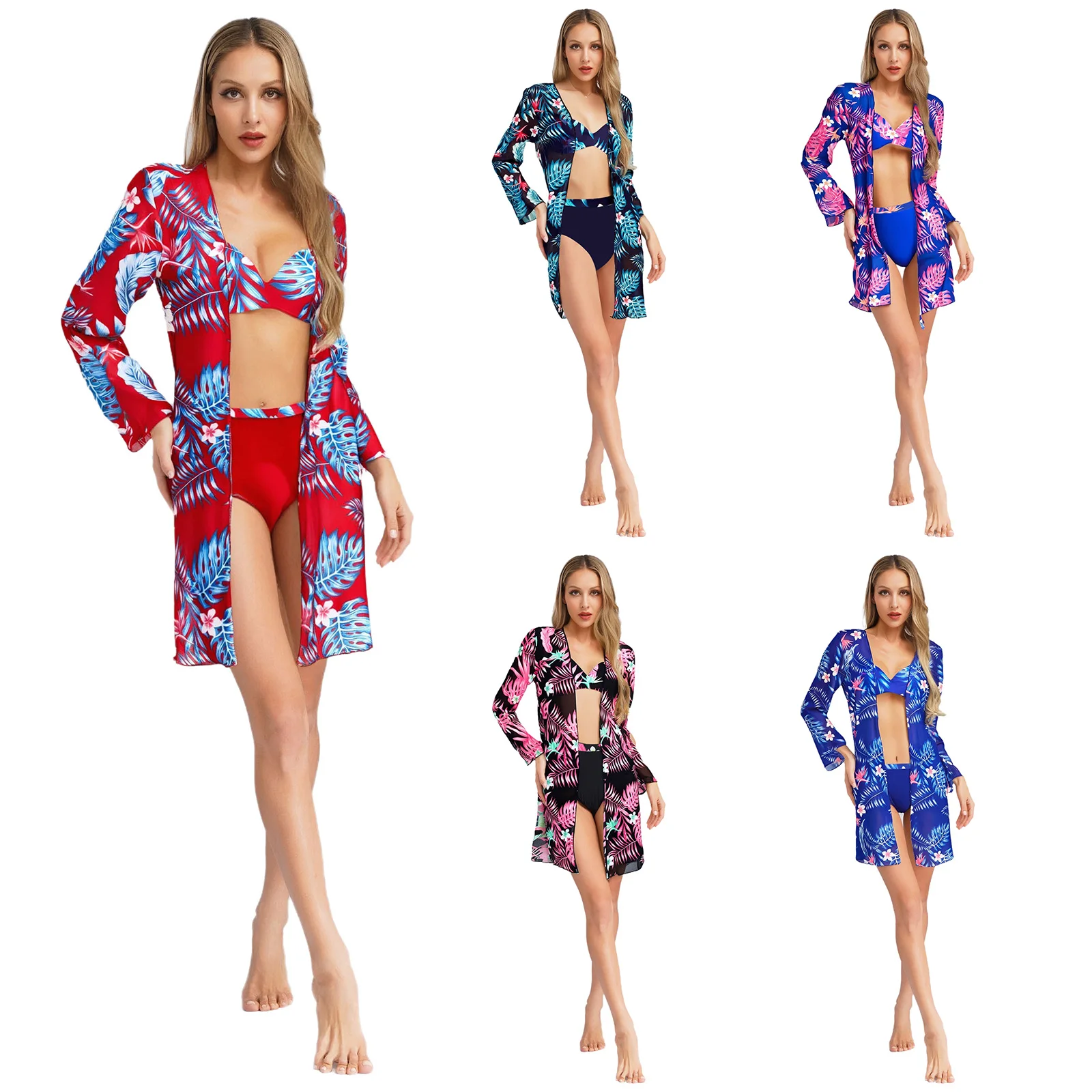 Womens 3 Pieces Swimsuit Swim Sets Underwired Padded Bikini Set with Chiffon Cover-up Tropical Print Swimwear Beach Bathing Suit