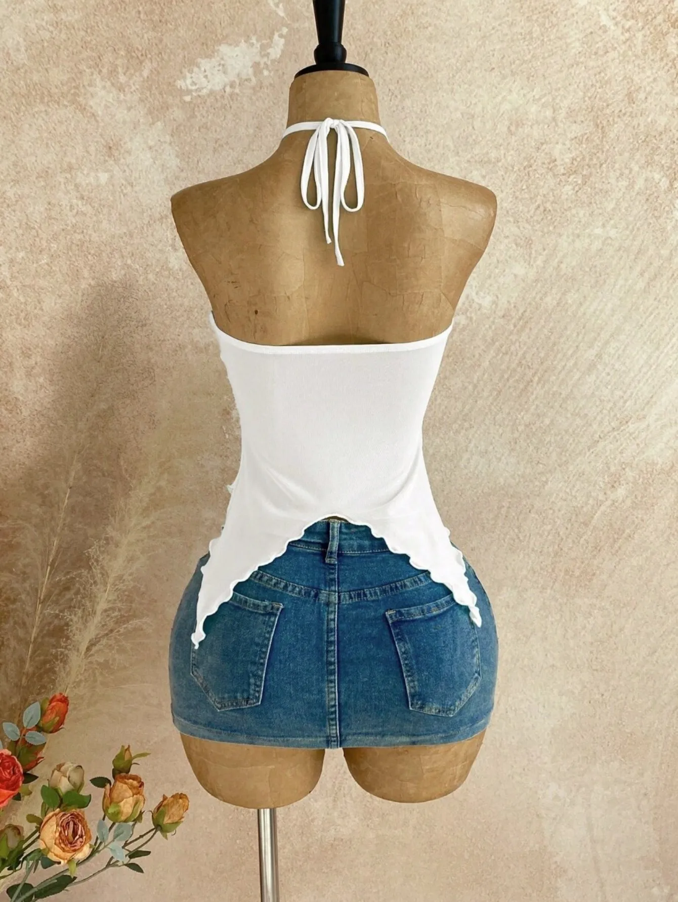 Women Halter Strapless Ruched Front Tie Ruffled Irregular Hem Slim Fit Cami Top Casual Going Out Fashion Top