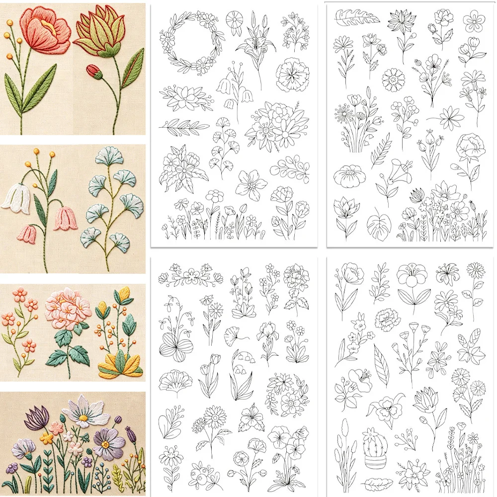 Wildflower Floral Wreath Stick And Stitch Embroidery Transfer Paper Water‑Soluble Dissolvable Stabilizer for Hand Embroidery