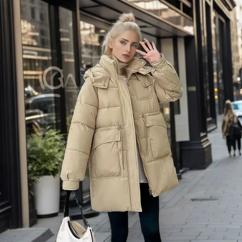 Autumn Winter Ladies New Loose Down Jackets Casual Simple Solid Hooded Zipper Pockets Windproof and Warm Female Parkas Coats