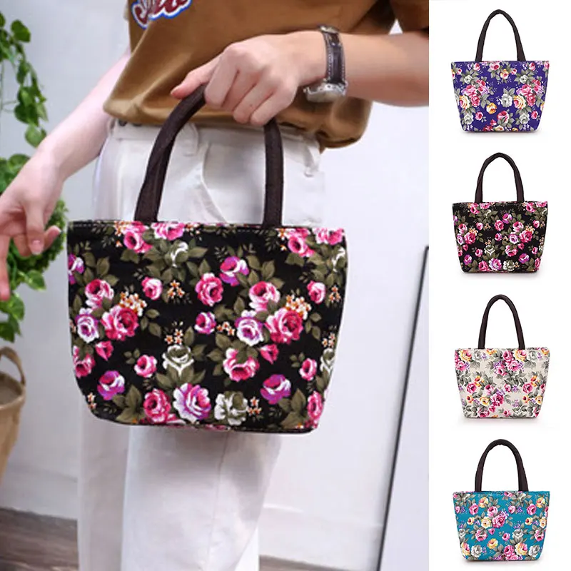 

2Pcs Vintage Canvas Tote Bag Rose Print Zipper Casual Big Capacity Handbag Lightweight Travel Shopping Portable Bag for Woman