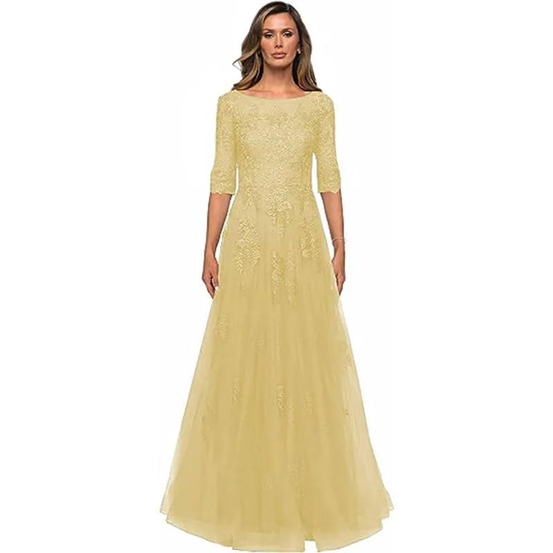 Lace Applique A Line With 3/4 Sleeves Mother Of The Bride Dress Long Chiffon Wedding Guest Dresses Vestido De Festa Longo