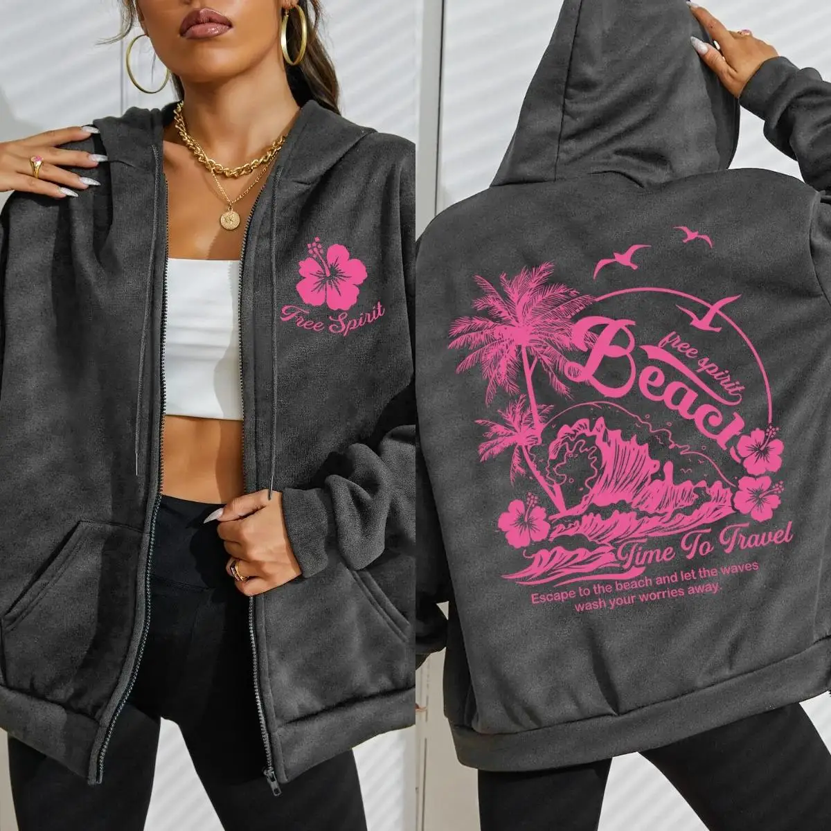 Free Spirit Beach Time Of Travel Print Women Zipper Hoody Fashion Autumn Hoodie Hip Hop Pocket Streetwear Fleece Loose Hoodies