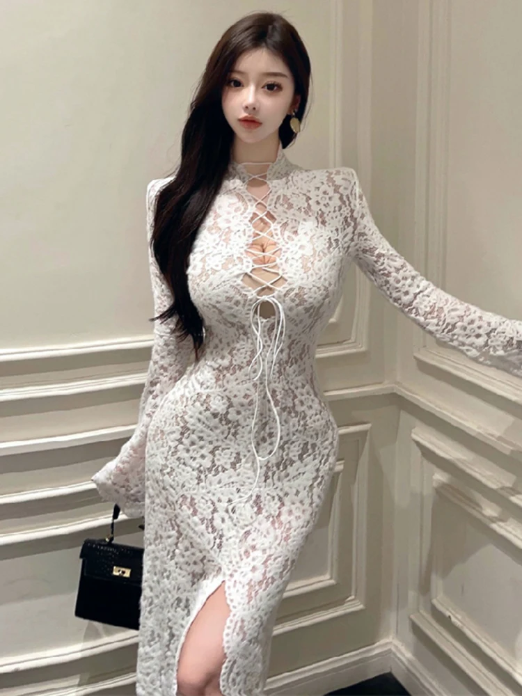 

Korean Version Fashion Prom Dress 2025 New Autumn Winter Women Elegant White Lace Hook Flower Hollow Chic Bandage Dress