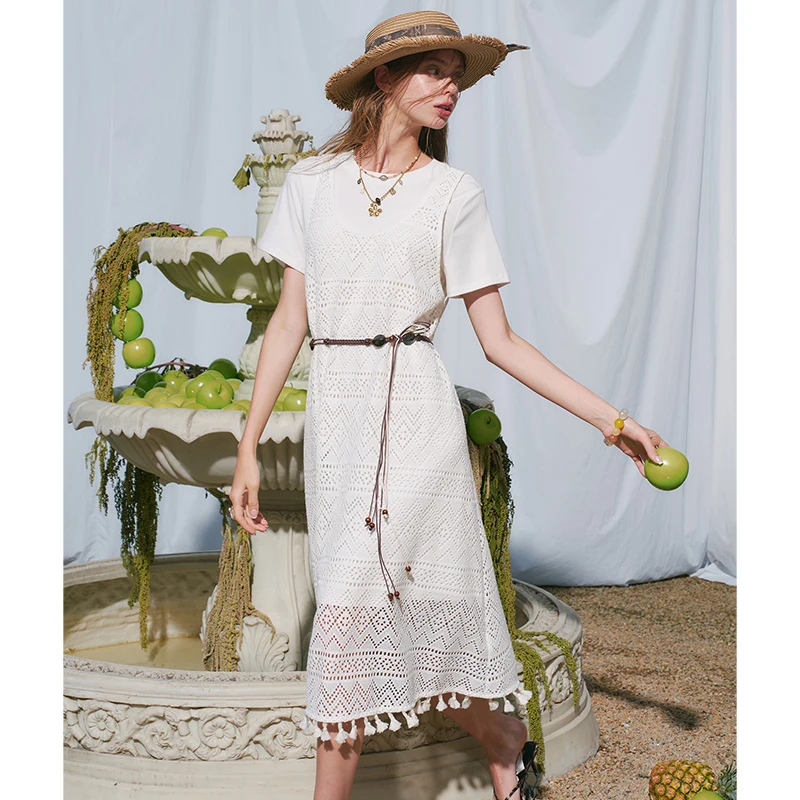 ELFSACK Women's T-Shirt with Hollow Out Lace Dress Set, Basic White Short Sleeve Tee and Crochet Slip Dress, Boho Suit view 4