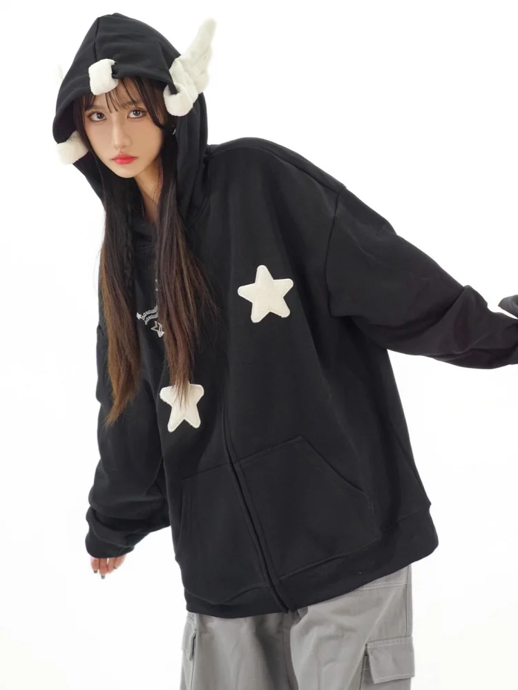 Japanese Kawaii Wing Hooded Loose Sweatshirt Women Autumn Long Sleeves Zipper Star Cardigan Oversized Coat Y2K Sweet Cute