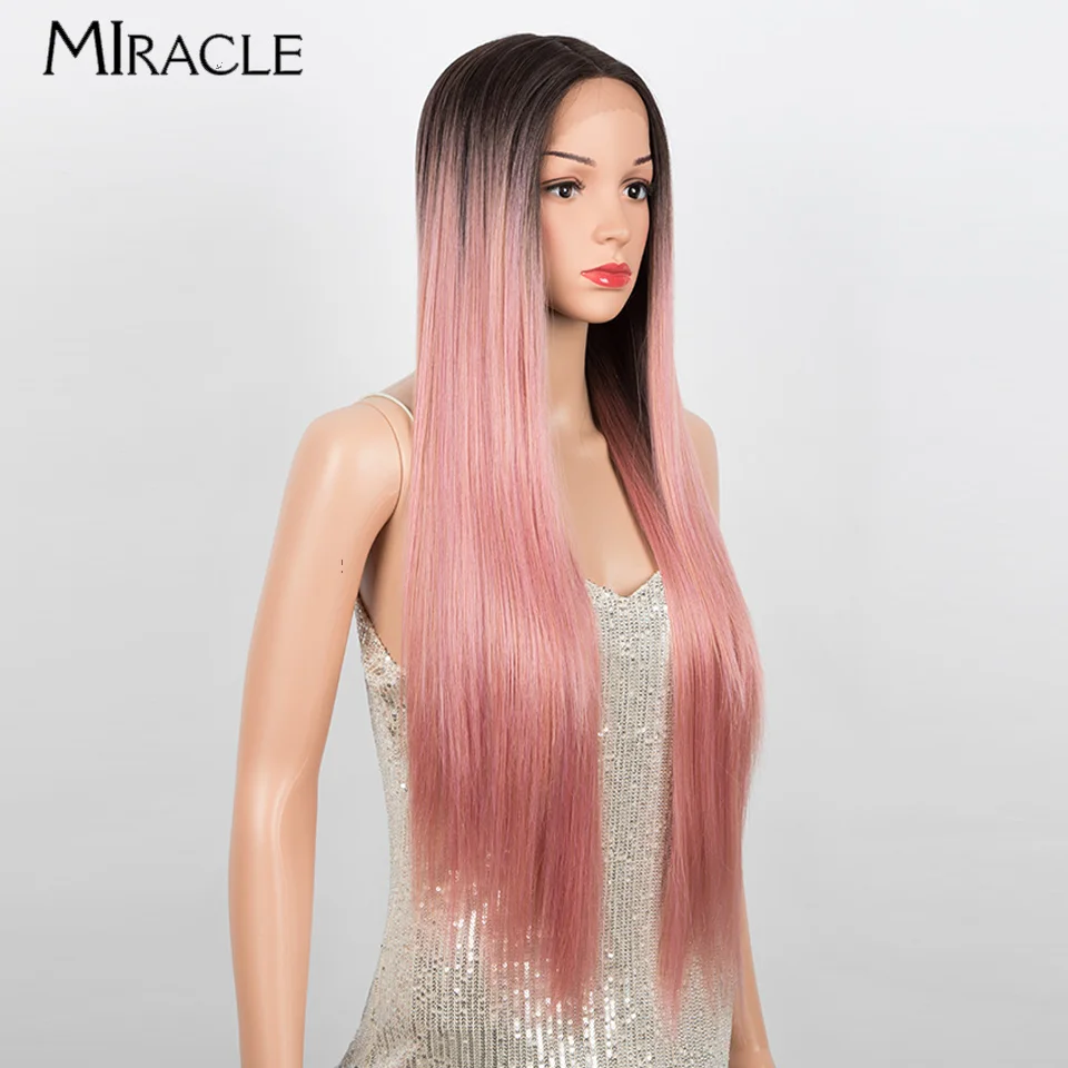 Miracle-女性、コスプレウィッグ、オンブル、ピンク、ブロンド、34インチ用のストレート合成レースフロントウィッグ