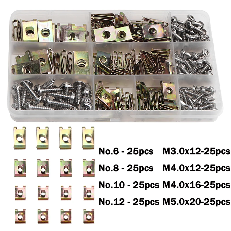 200pcs U Nuts Speed Clips 6/8/10/12 Plywood Screw Snaps Various Pointed Clamps Automatic Speed Fasteners Self-tapping Screws