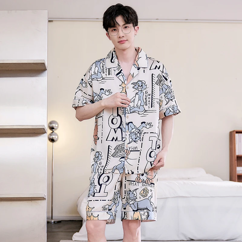 2024 Summer Men Sleepwear Big Size Pajamas Male Ice Silk Cute Pijama With Shorts Pants Satin Nightwear Clothes Modern Nightgown