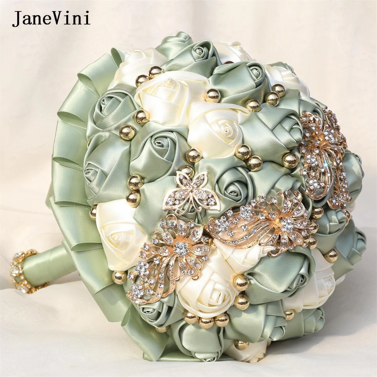 JaneVini Bling Gold Rhinestone Pearls Bridal Brooch Bouquets Sage Ivory Flowers Artificial Satin Roses Wedding Bouquet for Bride