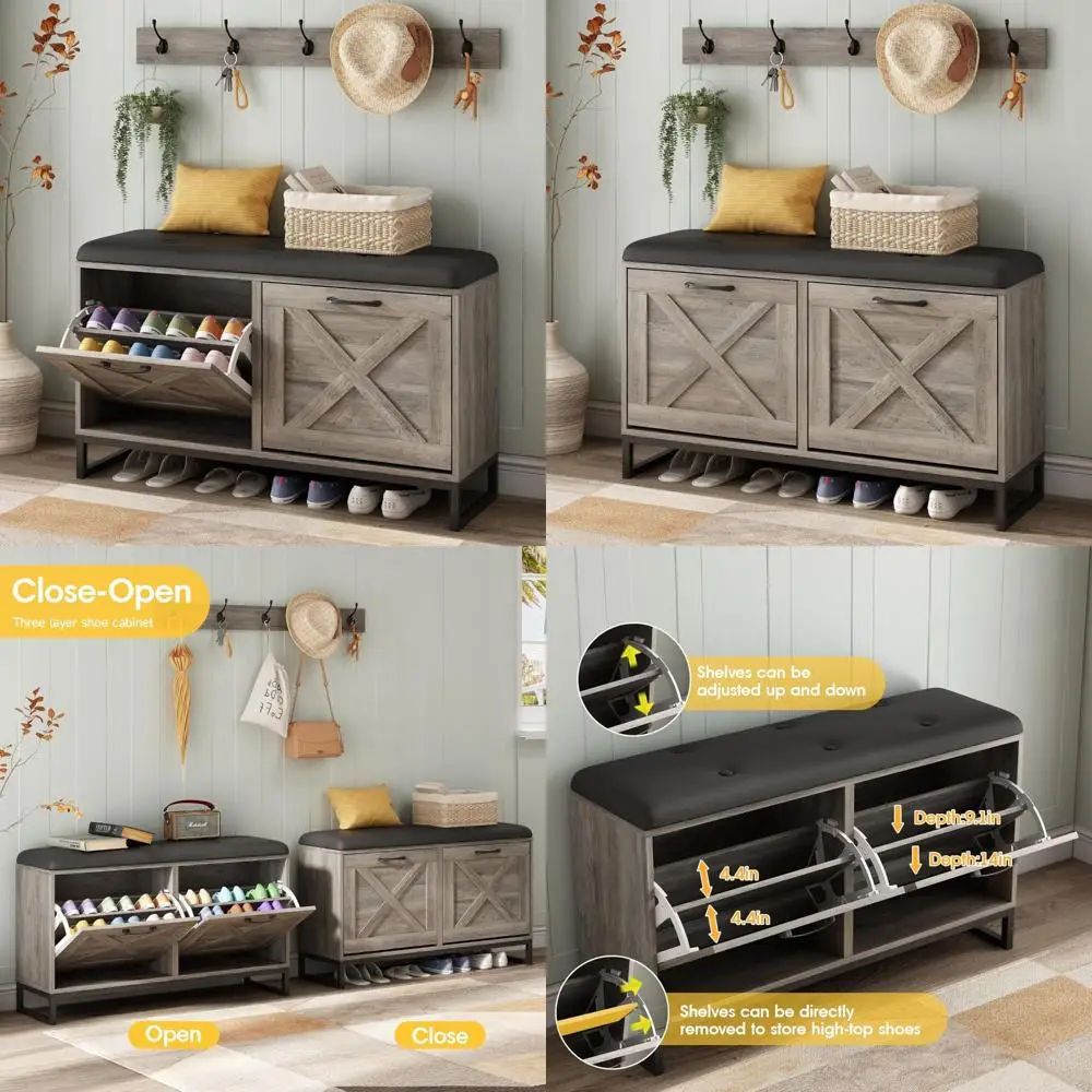Shoe Storage Bench with Flip Drawers and Coat Rack, Entryway Furniture, 5 Tier Metal Holder, Large Capacity, Cushioned Seat for
