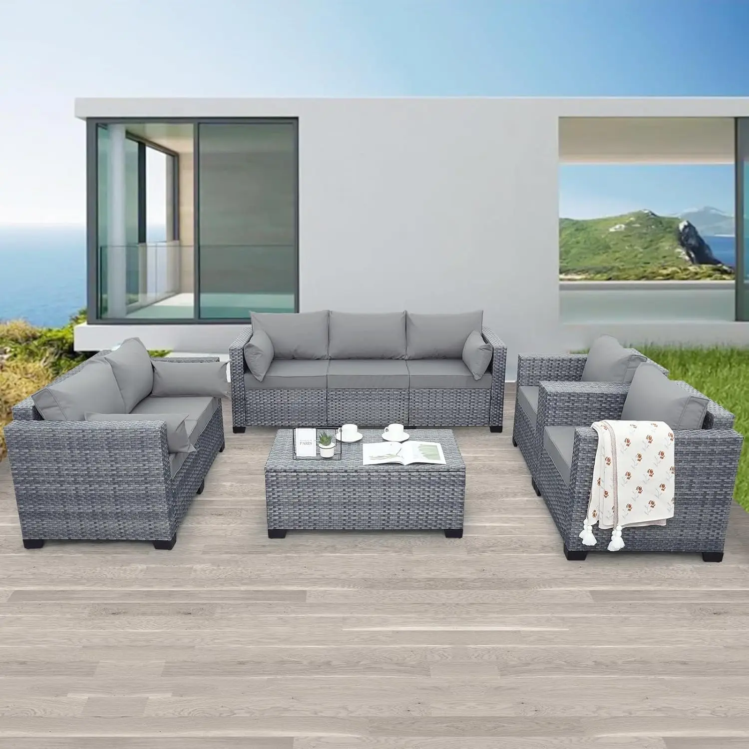 Wicker Patio Furniture Sets Outdoor Set, PE Rattan Sectional Sofa Couch with Storage and Non-slip Furniture Covers included