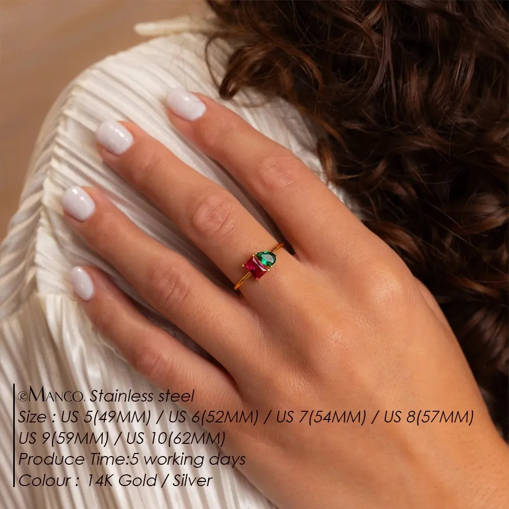 EMANCO Minimalist Style Stainless Steel Ring With Rectangle Red Stone And Teardrop Green Stone For Daily Commute Date Travel