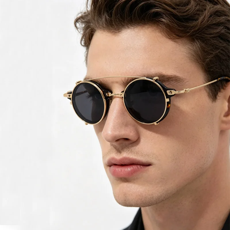 Vintage Circular Clip on Two in One Polarized UV400 Sunglasses Set, Prescription Optical anti Blue Light Metal Glasses