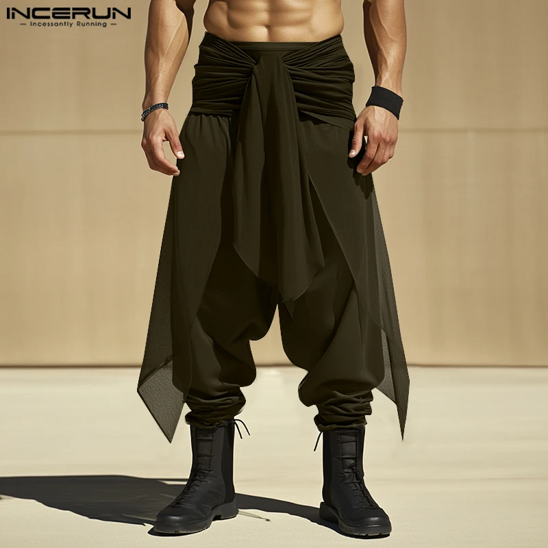 Men Irregular Pants Solid Color Lace Up Fake Two Pieces Trousers Men Streetwear Joggers Oversize Fashion Long Pants 2025 INCERUN