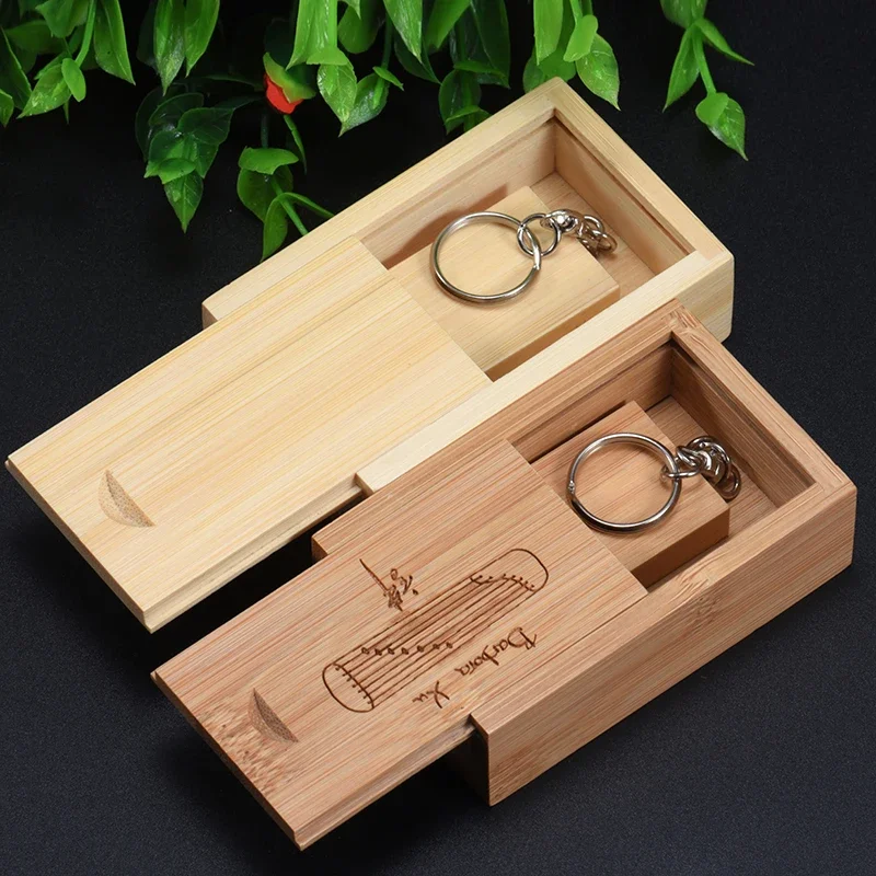 USB 3.0 Free Custom Logo Pen Drive Free Key Chain USB Flash Drive Wooden Box Memory Stick Creative Gifts Pendrive 64GB 32GB 16GB