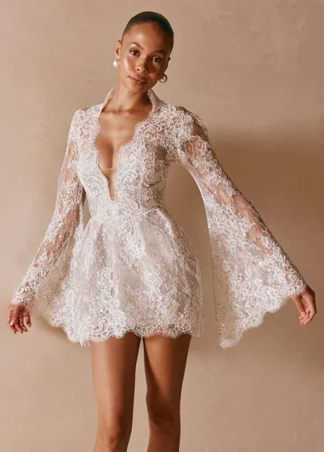Customized 2026 New Mini Style Wedding Dress Long Sleeve Sexy Deep V-neck sequin Decoration Vestido De Noiva