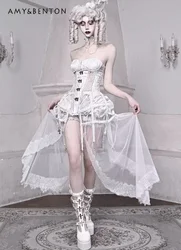 British Retro Court Queen Gothic White Three-piece Subculture Y2K Tube Top Sleeveless Fishbone Bra Irregular Mesh Skirt Shorts