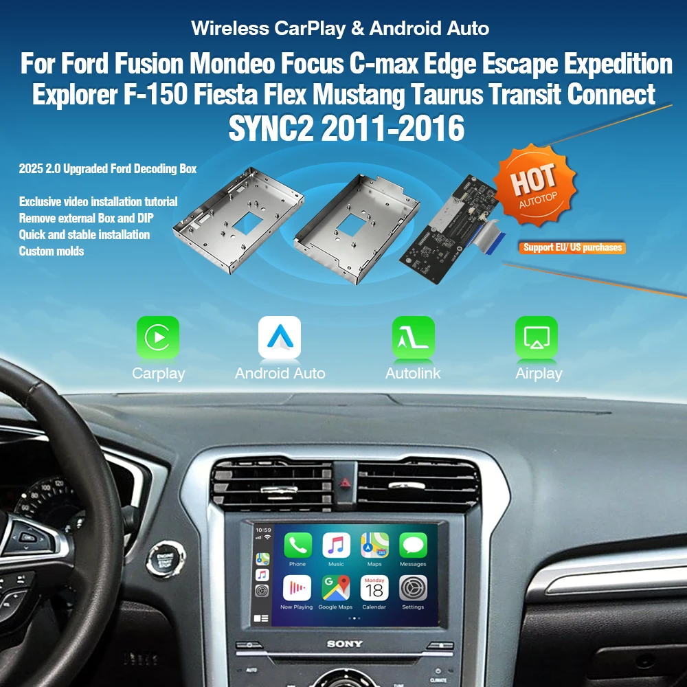 AUTOTOP sans fil Carplay Android Auto pour système Ford Sync2 Fusion Focus Fiesta Flex c-max Edge F-150 Fusion Taurus décodeur boîte