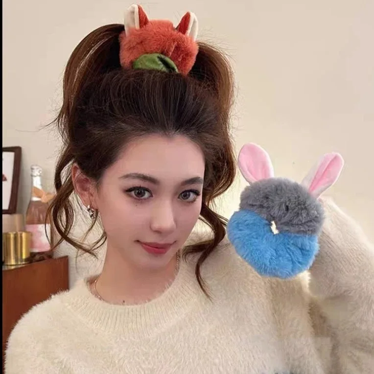 ズートピア2 ジュディ＆ニック ぬいぐるみヘアゴム、女の子向けキュートな漫画風シュシュ、柔らかいゴムバンド、可愛いヘアアクセサリー、スイートスタイル