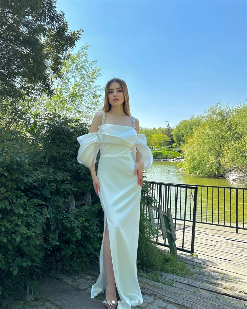 Jessica-Robes de Rhsimples en satin pour dames, robe de soirée blanche, robe de mariée sexy, fente latérale, élégante