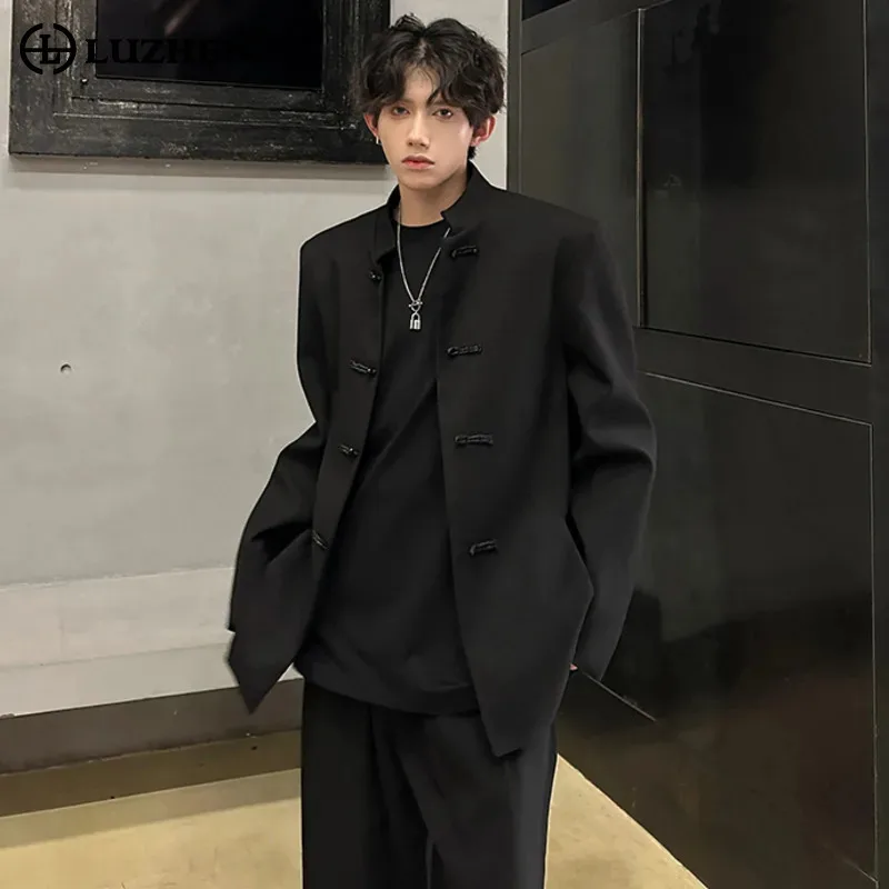 LUZHEN Elegant Fashion Personalized Buttoned Handsome Blazer Coat Men's 2025 Autumn Solid Color Shoulder Pad Male Clothes JY5874