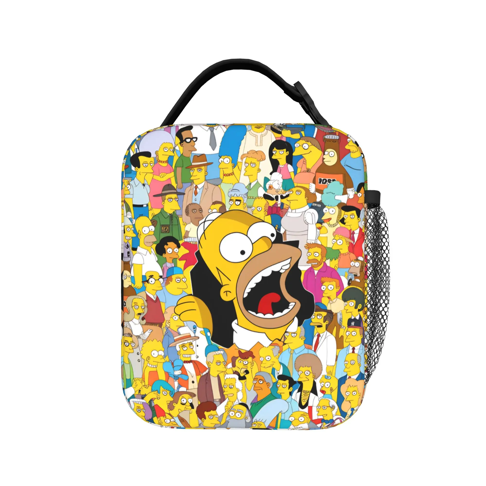 S-Simpsons Characters Crowd Scene Lunch Bag Portable Insulated Lunch Box Child Picnic Cooler Bag Casual Oxford Tote Handbags
