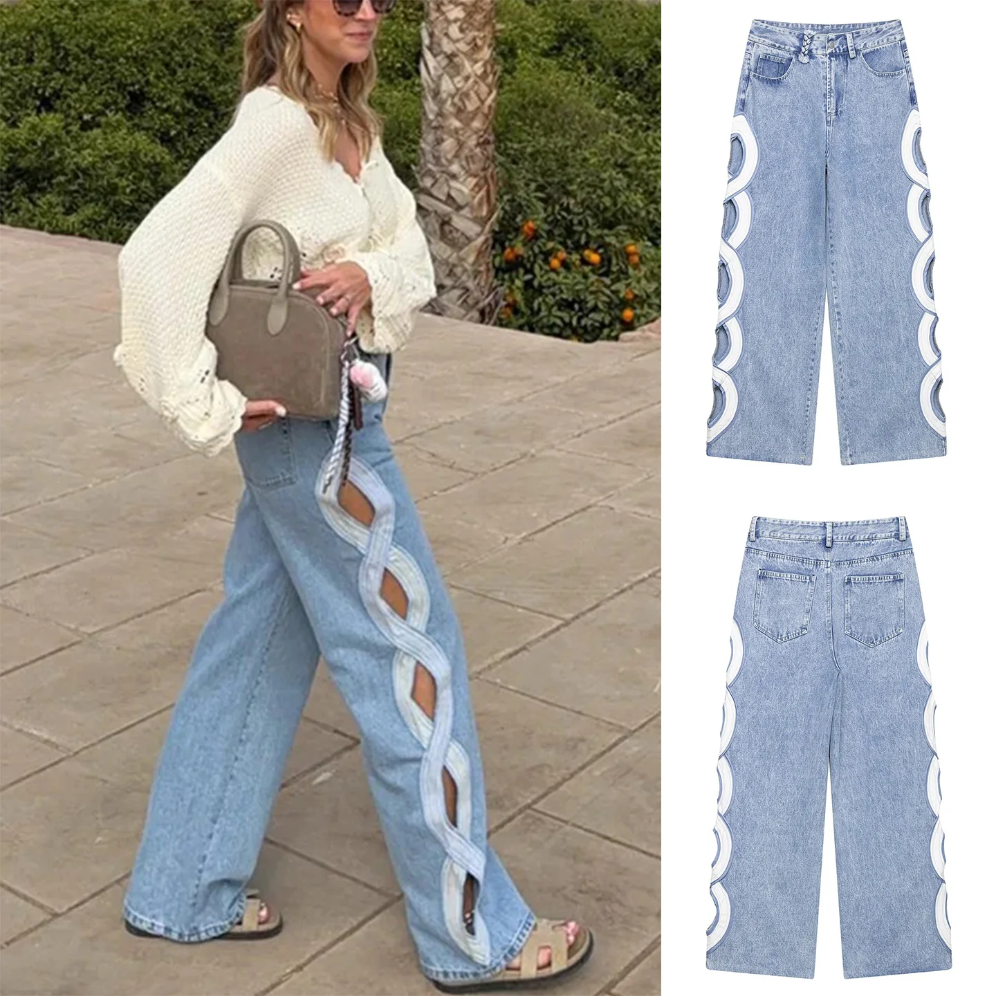 

Spring Summer New Women's Casual Style Zipper Side Hollow Decorative High Waist Straight Tube Long Jeans Ladies Fashion